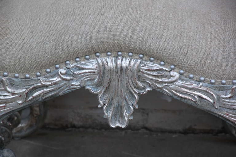 Rococo Italian Painted & Silver Gilt Carved Bench