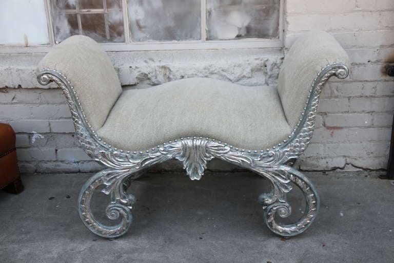 Italian painted & silver gilt carved bench with Belgium linen upholstery and silver nailhead trim detail.