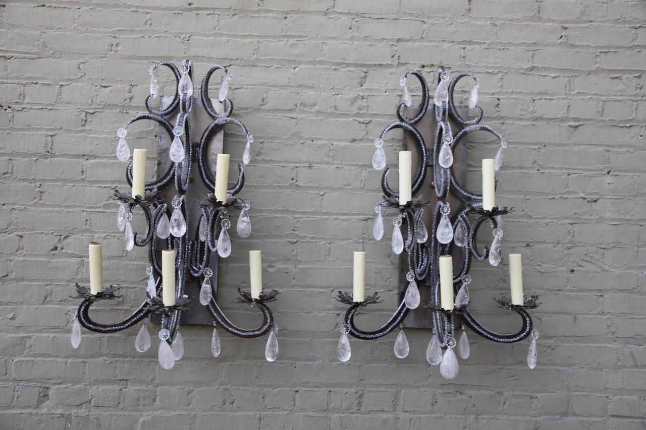 Pair of monumental 5-light Industrial style sconces with crystal beading and rock crystals throughout.  Newly rewired and ready to install.