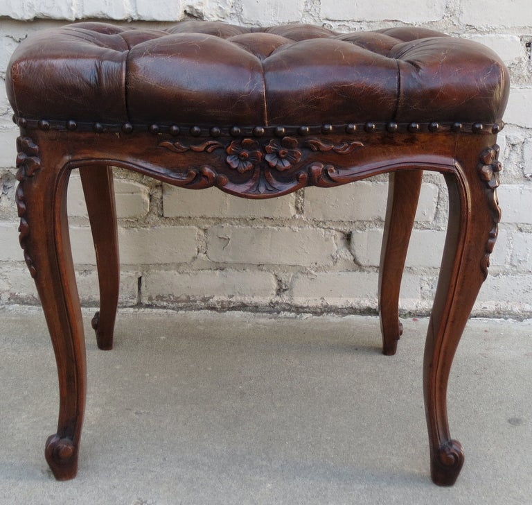 Carved Leather Tufted Benches, Pair