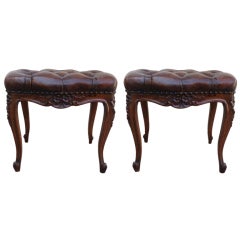 Antique Carved Leather Tufted Benches, Pair
