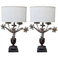 Wood Urn & Tole Flower Lamps w/ White Burlap Shades