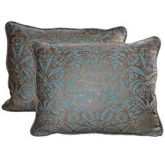 Aquamarine 
Silvery Gold Fortuny Textile Pillow, Pair