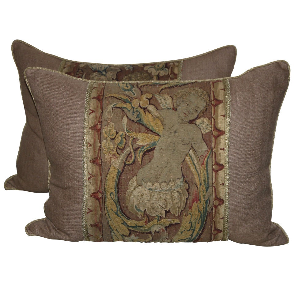 Pair of 18th Century Cherub Tapestry Pillows