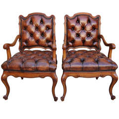 Pair of French Leather Tufted Armchairs C. 1930
s