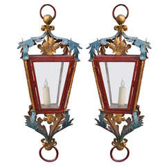 Pair of Painted French Iron Lanterns C. 1940
s