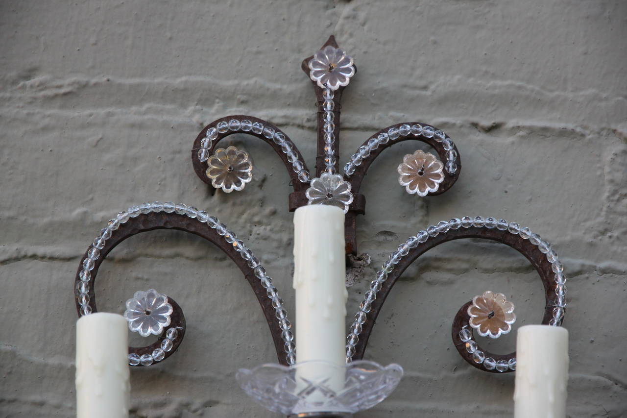 Three Light Crystal Beaded Wall Sconces In Distressed Condition In Los Angeles, CA