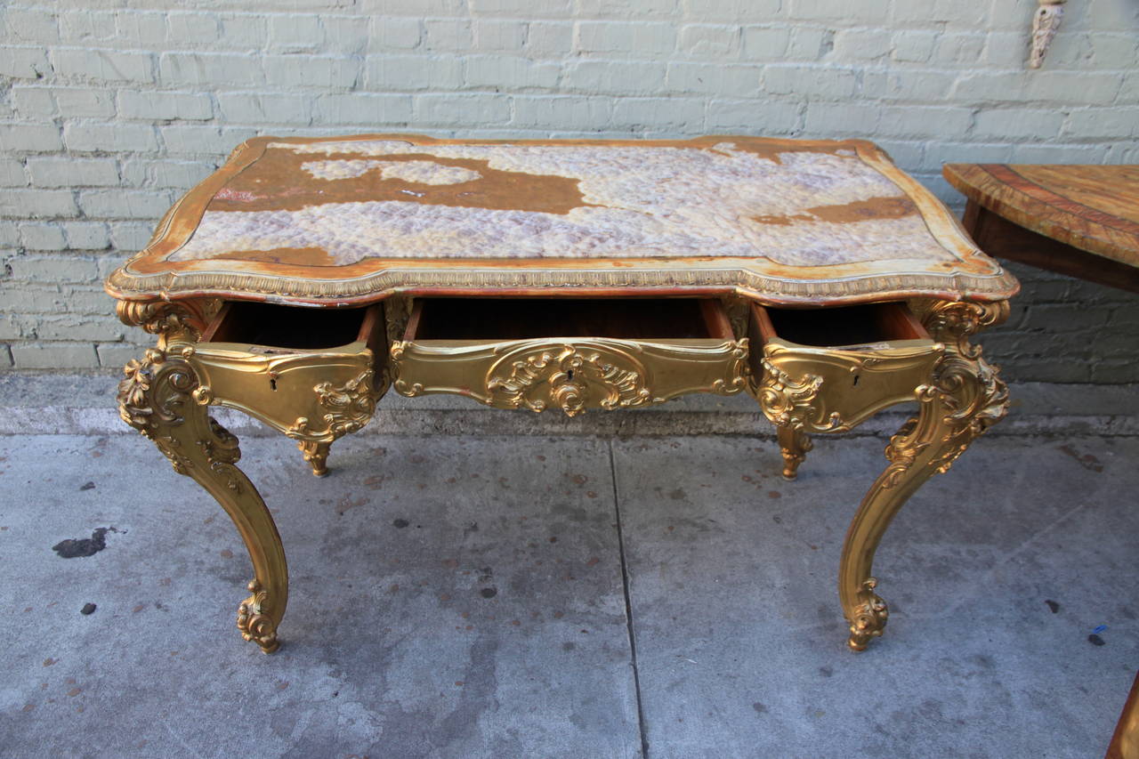 Rococo Fine Italian 19th Century Carved and Gilt Writing Table with Onyx Top