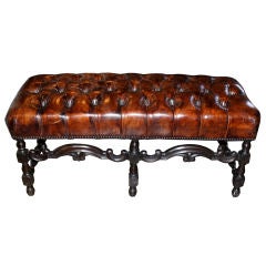 Antique Continental Carved Leather Tufted Bench C. 1900's