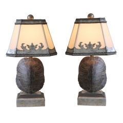 Pair of Petite Tortoise Shell Lamps with Custom Painted Shades