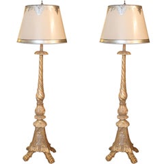 Vintage Pair of Carved Giltwood Chinoiserie Figure Lamps C. 1930's