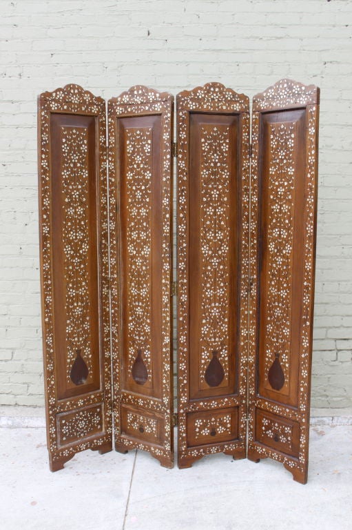 Stunning two sided four panel Moroccan inlaid mother-of-pearl screen.