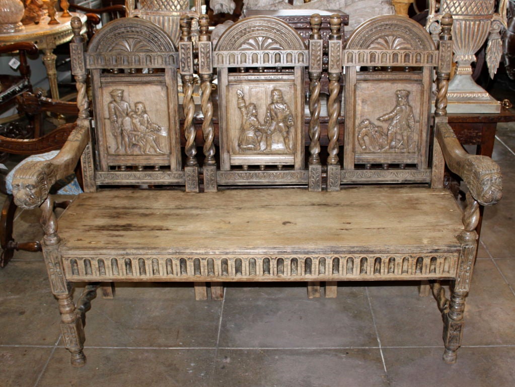 19th Century English Carved Bench with Leather Cushion