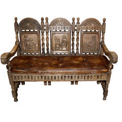 19th Century English Carved Bench with Leather Cushion