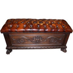 Carved Walnut Leather Tufted Blanket Chest C. 1900's