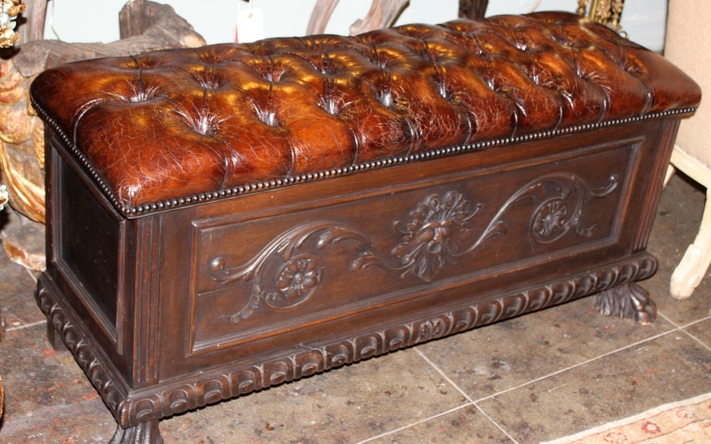 Carved Walnut Leather Tufted Blanket Chest C. 1900's