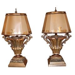 Pair of Italian Carved Urn Lamps with Custom Shades