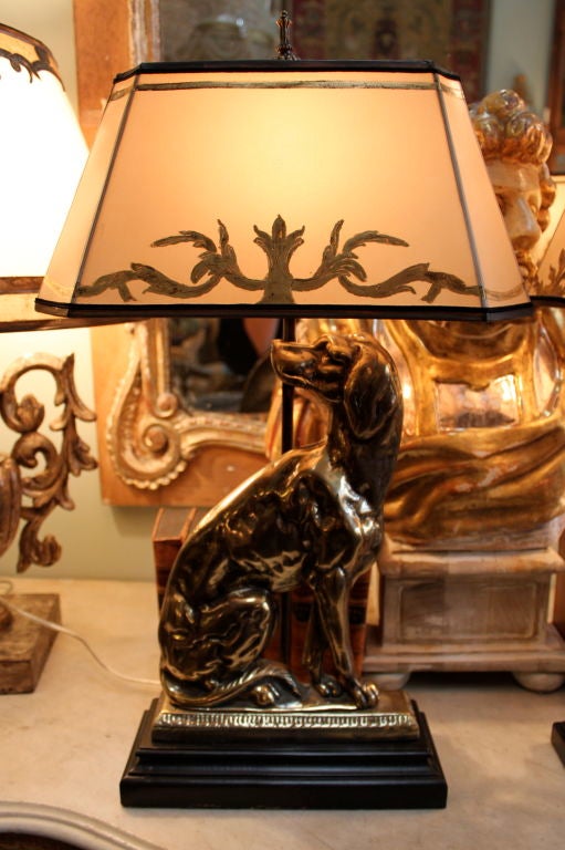 Pair of Antique Brass Dog Lamps with Custom Shades