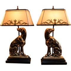 Pair of Antique Brass Dog Lamps with Custom Shades