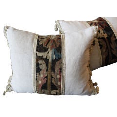 Pair of 18th C. Tapestry Pillow on Antique Linen with Tassels