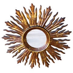 Spanish Carved Gilt Wood Sunburst Mirror C. 1930's