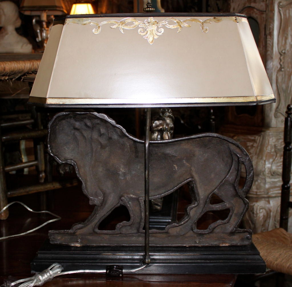 Pair of English Lion Pewter Lamps with Custom Shades C. 1900's 2