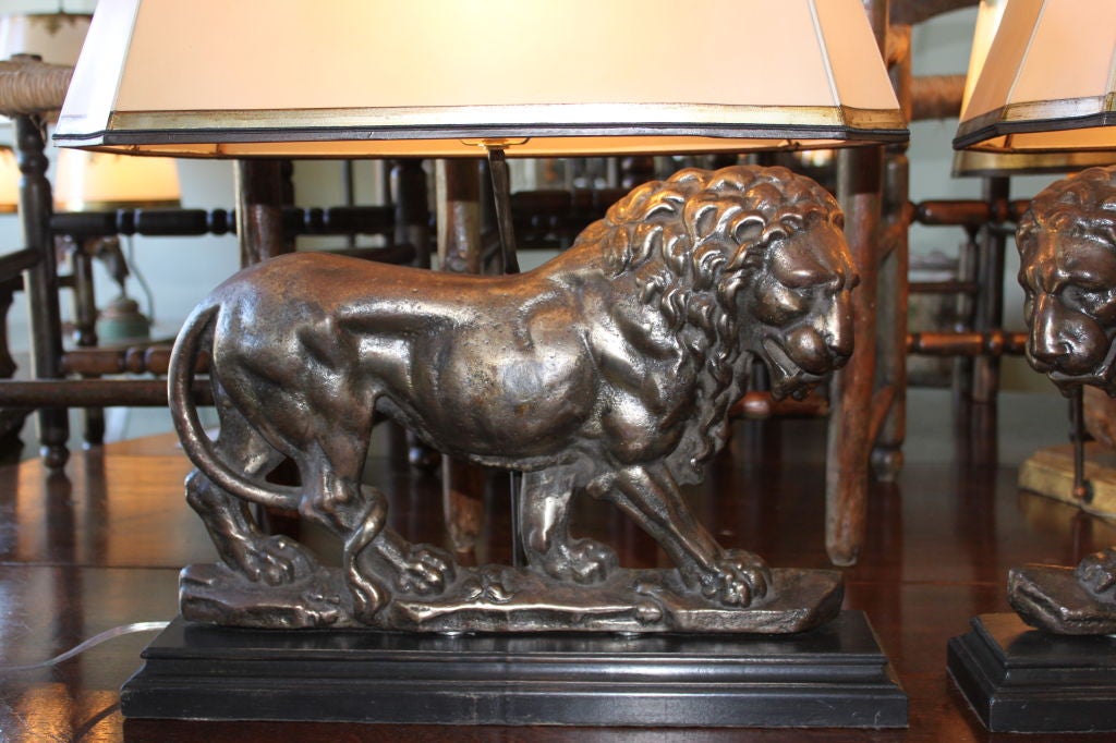 Pair of English Lion Pewter Lamps with Custom Shades C. 1900's In Excellent Condition In Los Angeles, CA