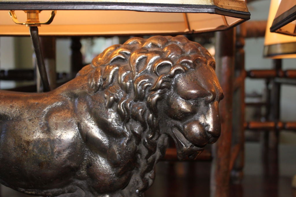 Pair of English Lion Pewter Lamps with Custom Shades C. 1900's 1