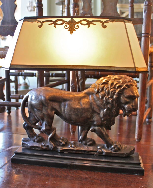 Pair of English Lion Pewter Lamps with Custom Shades C. 1900's 3