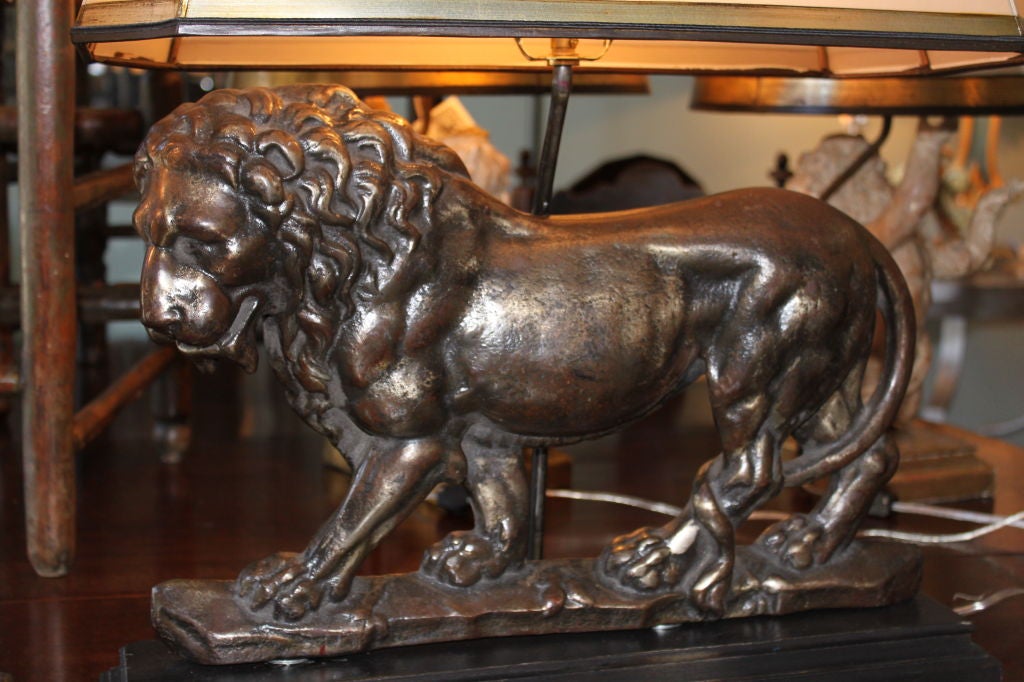 Pair of English Lion Pewter Lamps with Custom Shades C. 1900's 4