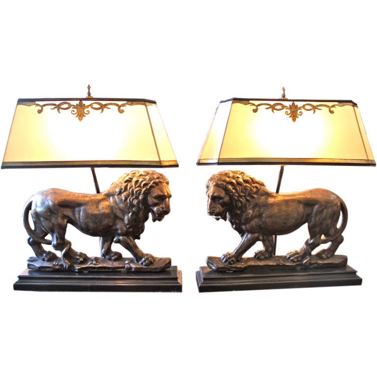 Pair of English Lion Pewter Lamps with Custom Shades C. 1900's