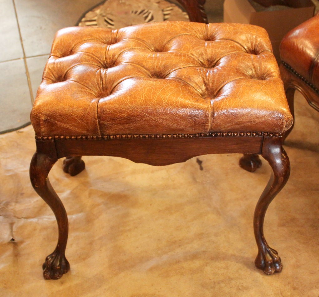 French Leather Tufted Stool C. 1900's