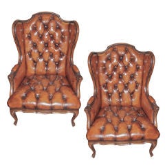 Pair of Vintage Leather Wingback Armchairs C. 1930's