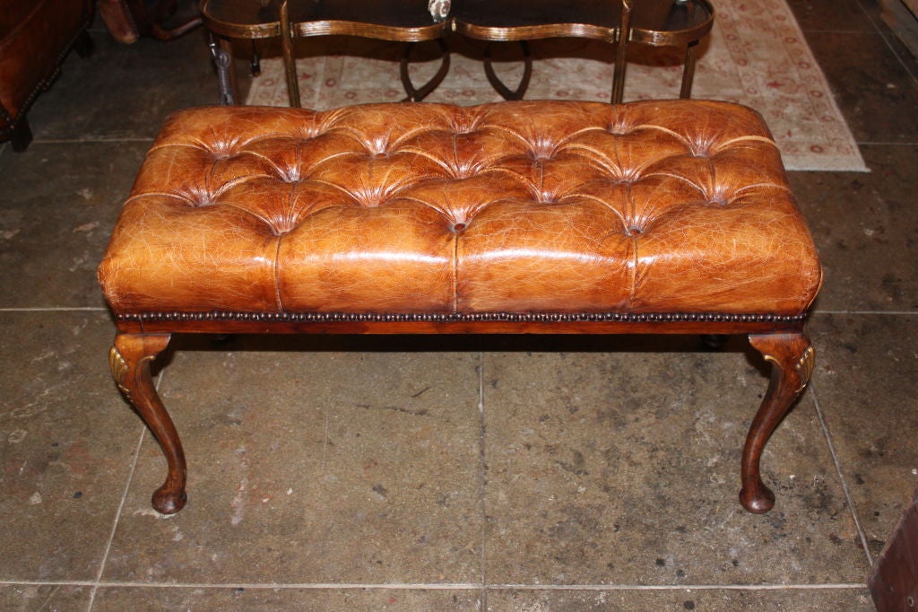 English Leather Tufted Walnut Bench C. 1920's