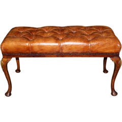 English Leather Tufted Walnut Bench C. 1920's