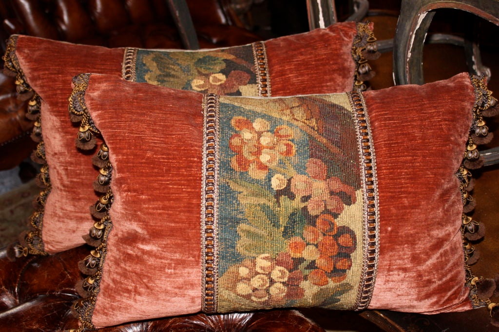 Pair of 18th C. Tapestry Pillows with Linen Velvet and Tassels at 1stdibs