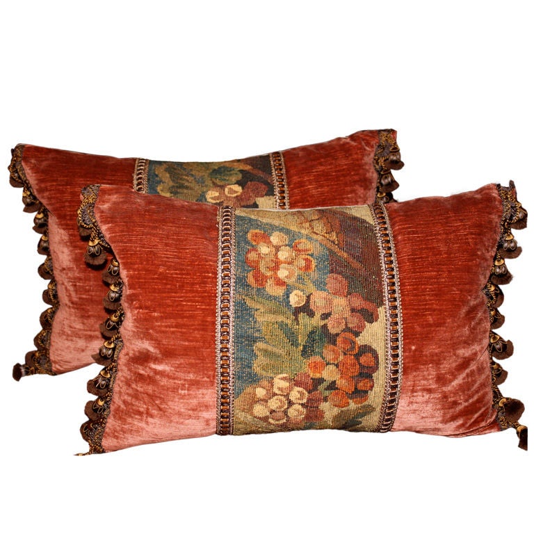 Pair of 18th C. Tapestry Pillows with Linen Velvet and Tassels at 1stdibs
