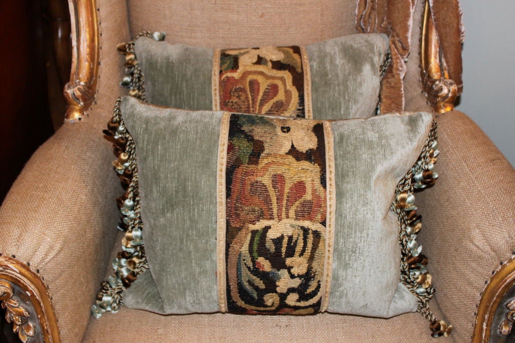 Single 18th C. Tapestry Pillow on Linen Velvet with Fringe at 1stdibs