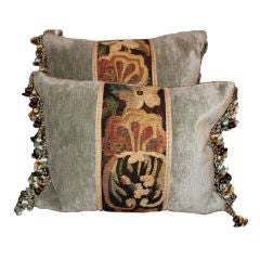 Single 18th C. Tapestry Pillow on Linen Velvet with Fringe