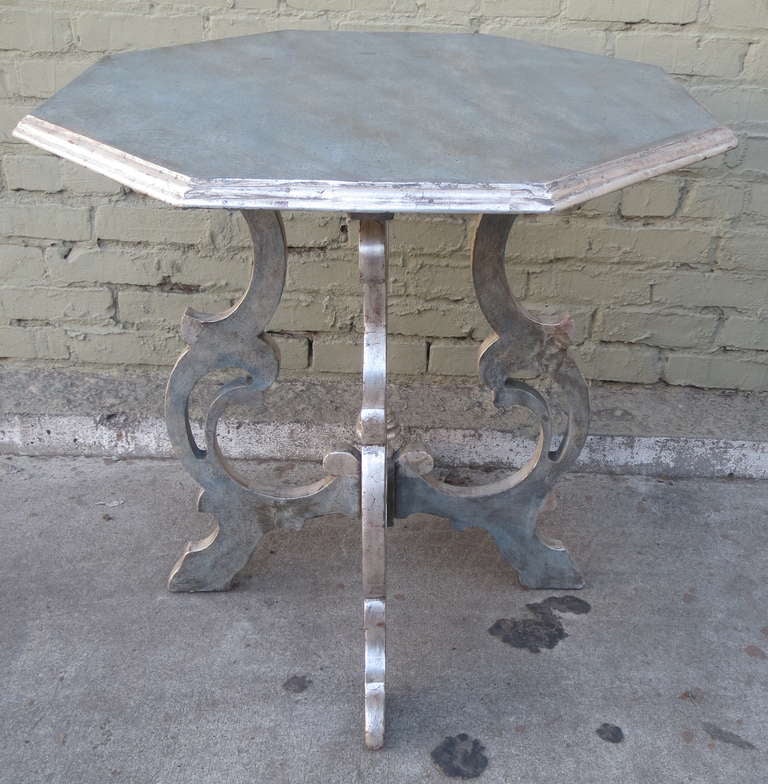Octagonal Table w/ Blue Painted & Silver Gilt Finish