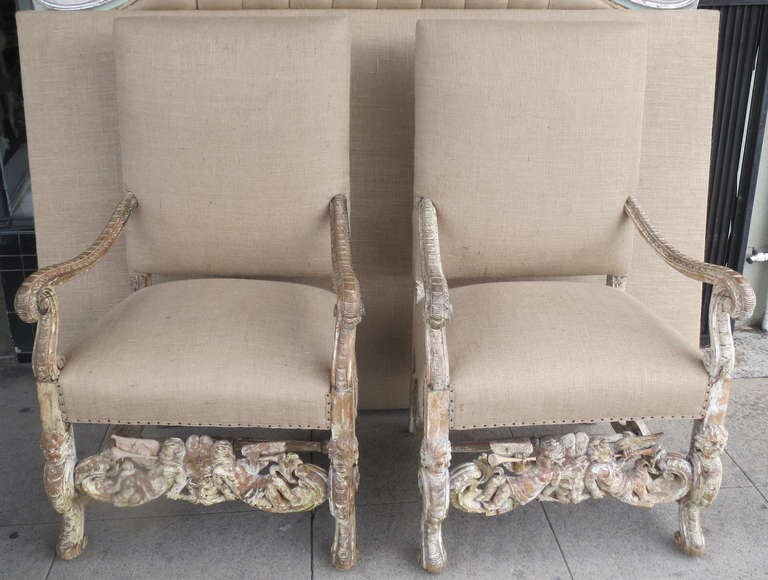 Pair of Italian Carved Painted Armchairs