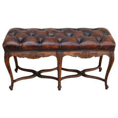 Antique French Leather Tufted Bench C. 1900