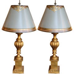 Pair of Carved Italian Lamps with Painted Parchment Shades