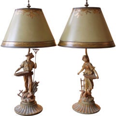 Pair of Continental Figural Painted Lamps with Custom Shades