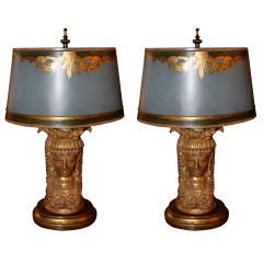 Antique Pair of Carved Gilt Wood Lamps with Custom Shades C. 1920's