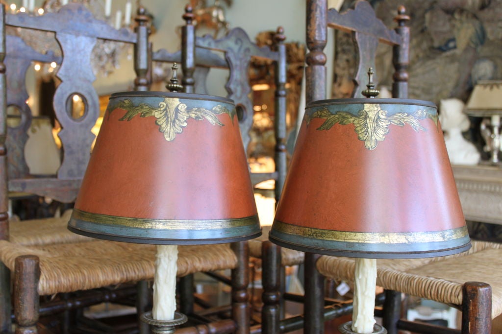 Italian Pair of Brass Candlestick Lamps with Custom Painted Shades