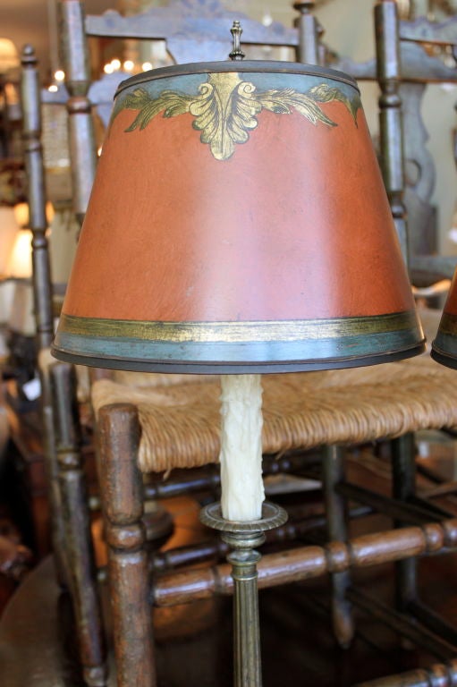 Pair of Brass Candlestick Lamps with Custom Painted Shades 4