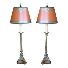 Pair of Brass Candlestick Lamps with Custom Painted Shades