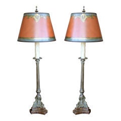 Pair of Brass Candlestick Lamps with Custom Painted Shades