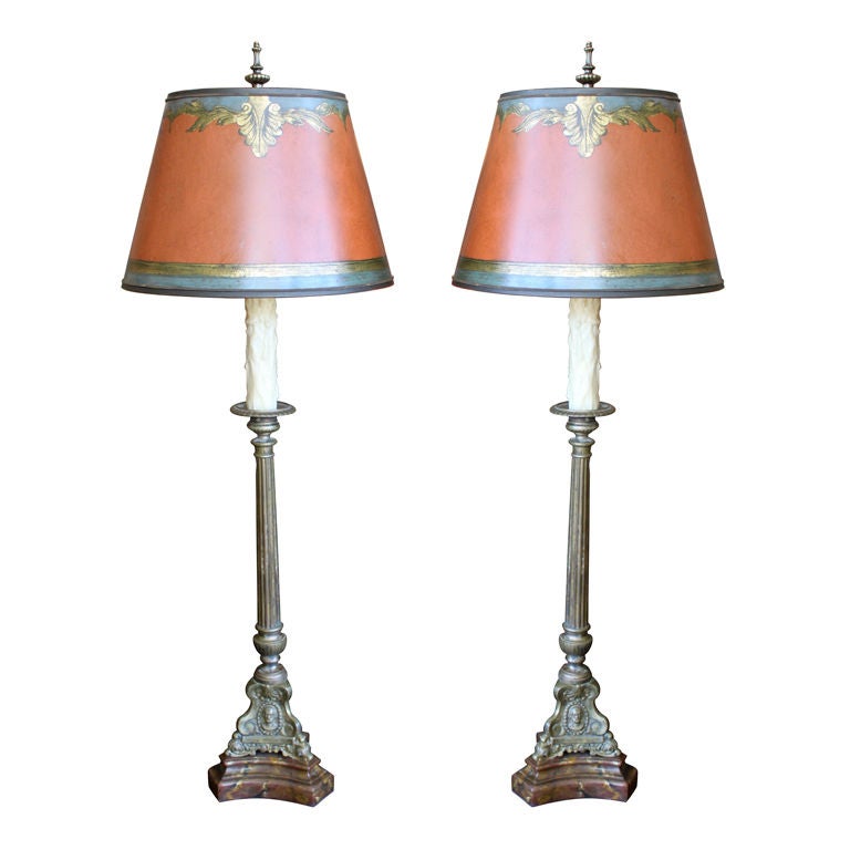 Pair of Brass Candlestick Lamps with Custom Painted Shades